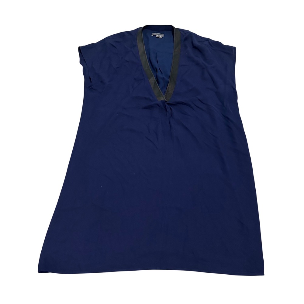 Vince Navy Blue 100% Silk Leather Trim V-Neck Shift Dress XL V2880-50569